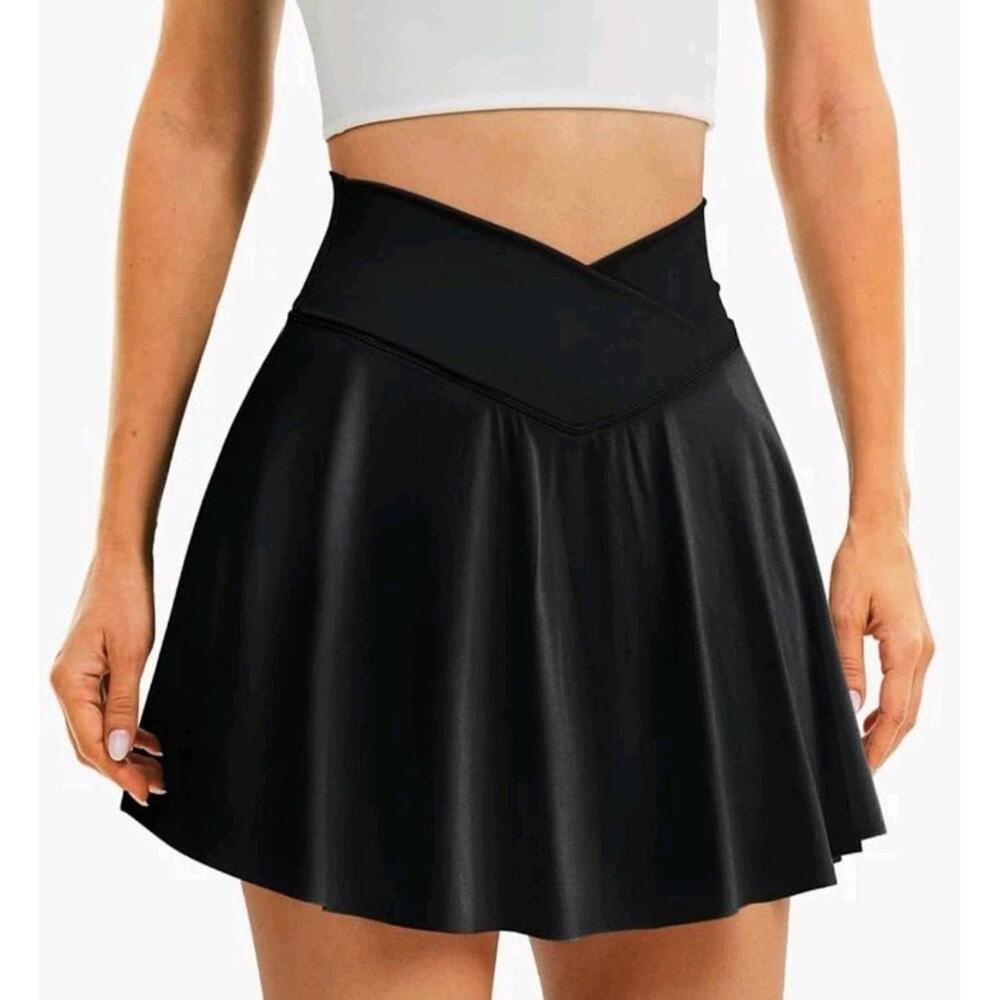 DLOODA Tennis Skirt with Pockets Shorts Crossover High Waisted Athletic Skorts L